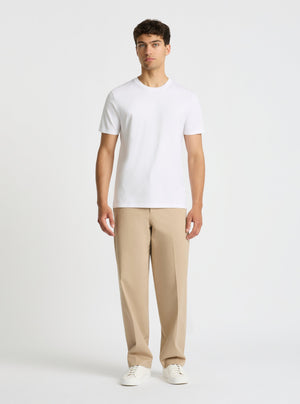White|Supima® Mercerised Crew Tee for men – premium soft cotton t-shirt|Evans is 6’2” and wearing a size M