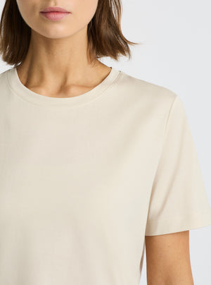 Beige|Supima® Mercerised Crew Tee for women – premium soft cotton t-shirt|Stas is 5'10" and wearing a size S