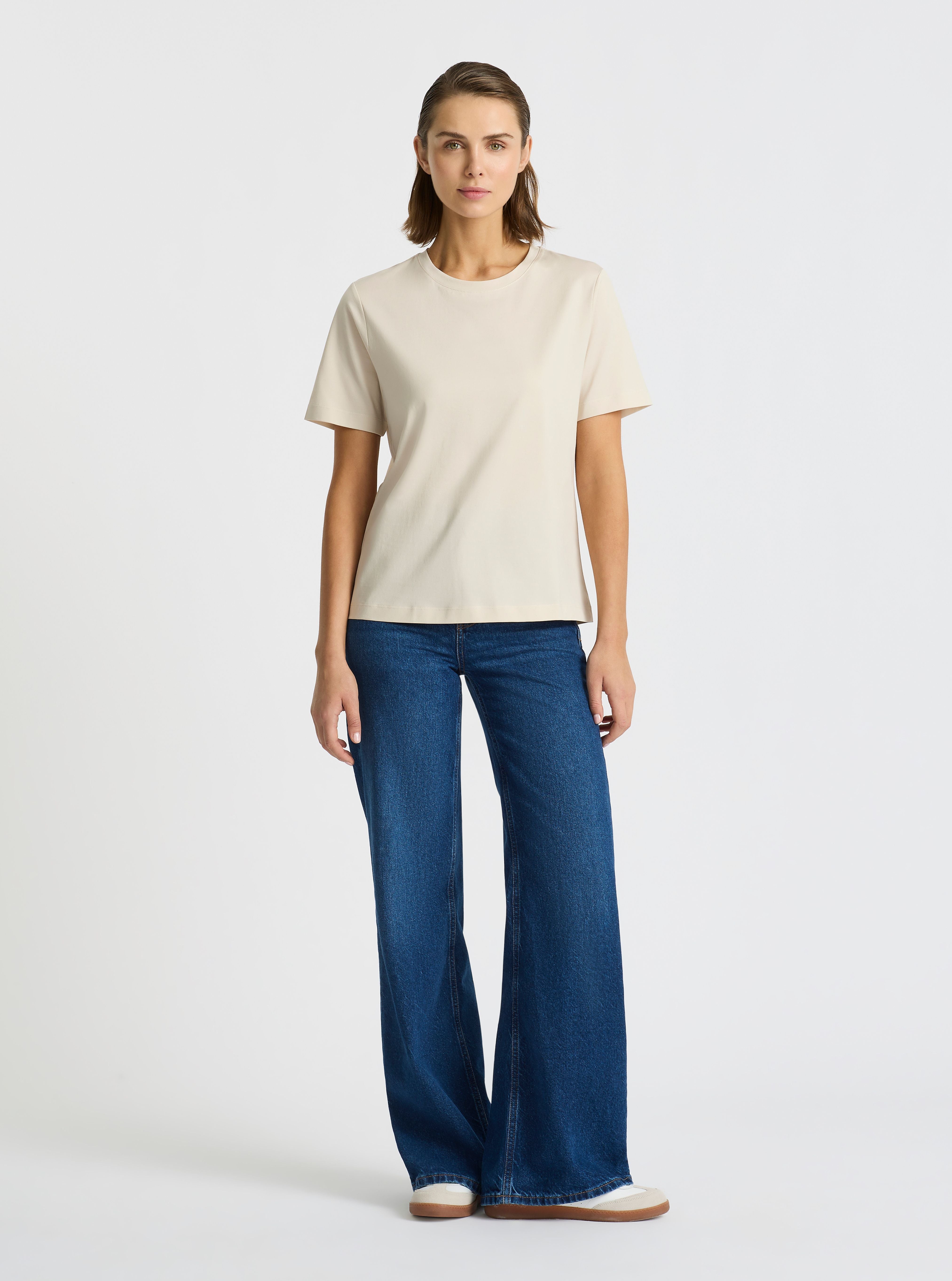 Beige|Supima® Mercerised Crew Tee for women – premium soft cotton t-shirt|Stas is 5'10" and wearing a size S