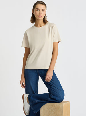 Beige|Supima® Mercerised Crew Tee for women – premium soft cotton t-shirt|Stas is 5'10" and wearing a size S