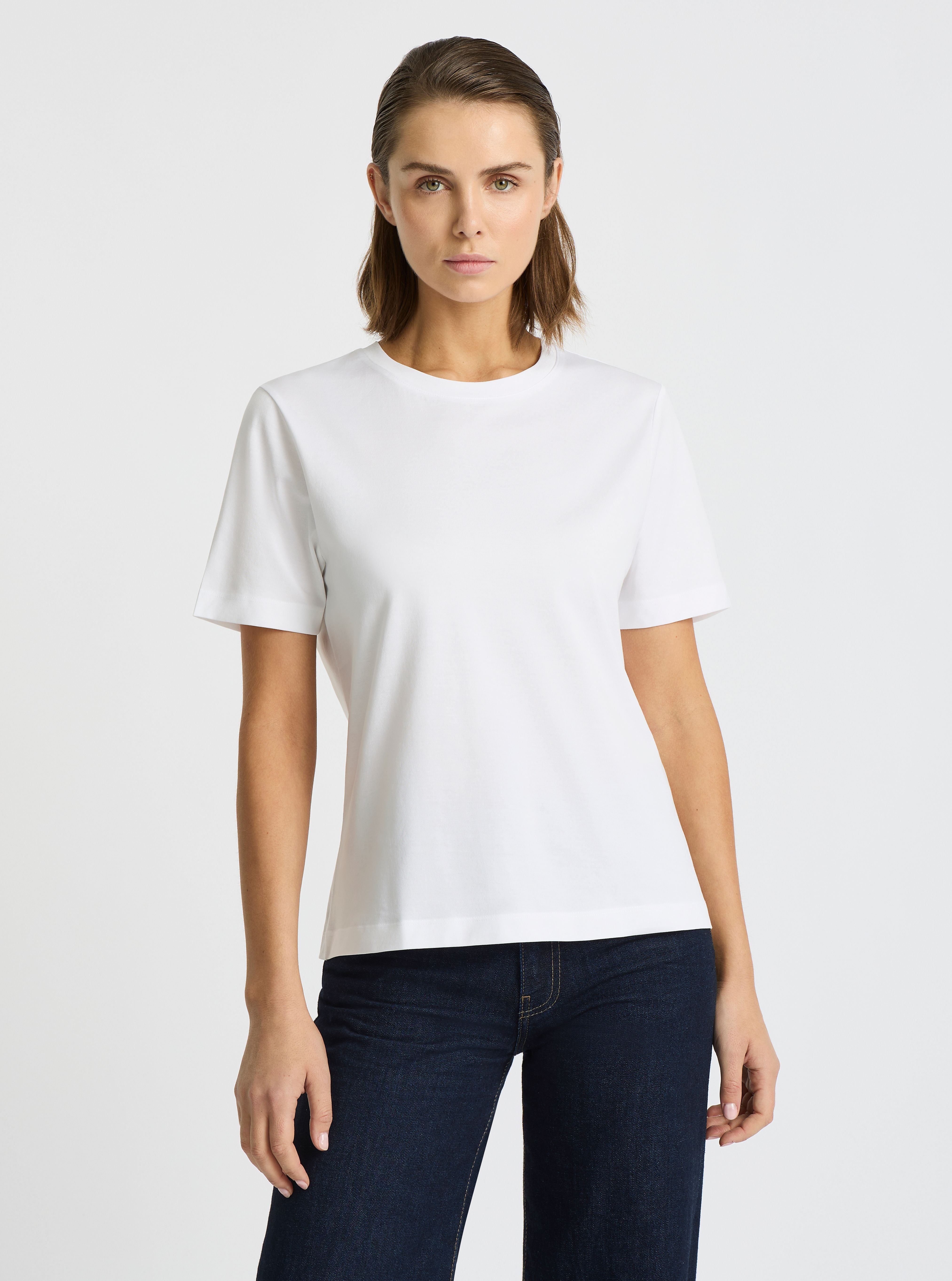 White|Supima® Mercerised Crew Tee for women – premium soft cotton t-shirt|Stas is 5'10" and wearing a size S