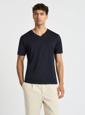 Dark Navy|Supima® Mercerised V-neck Tee for men – premium soft cotton t-shirt|Evans is 6’2” and wearing a size M