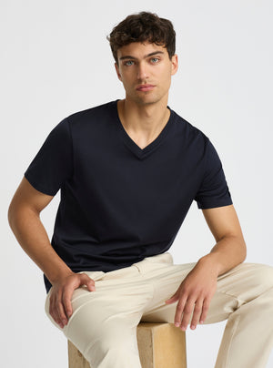Dark Navy|Supima® Mercerised V-neck Tee for men – premium soft cotton t-shirt|Evans is 6’2” and wearing a size M