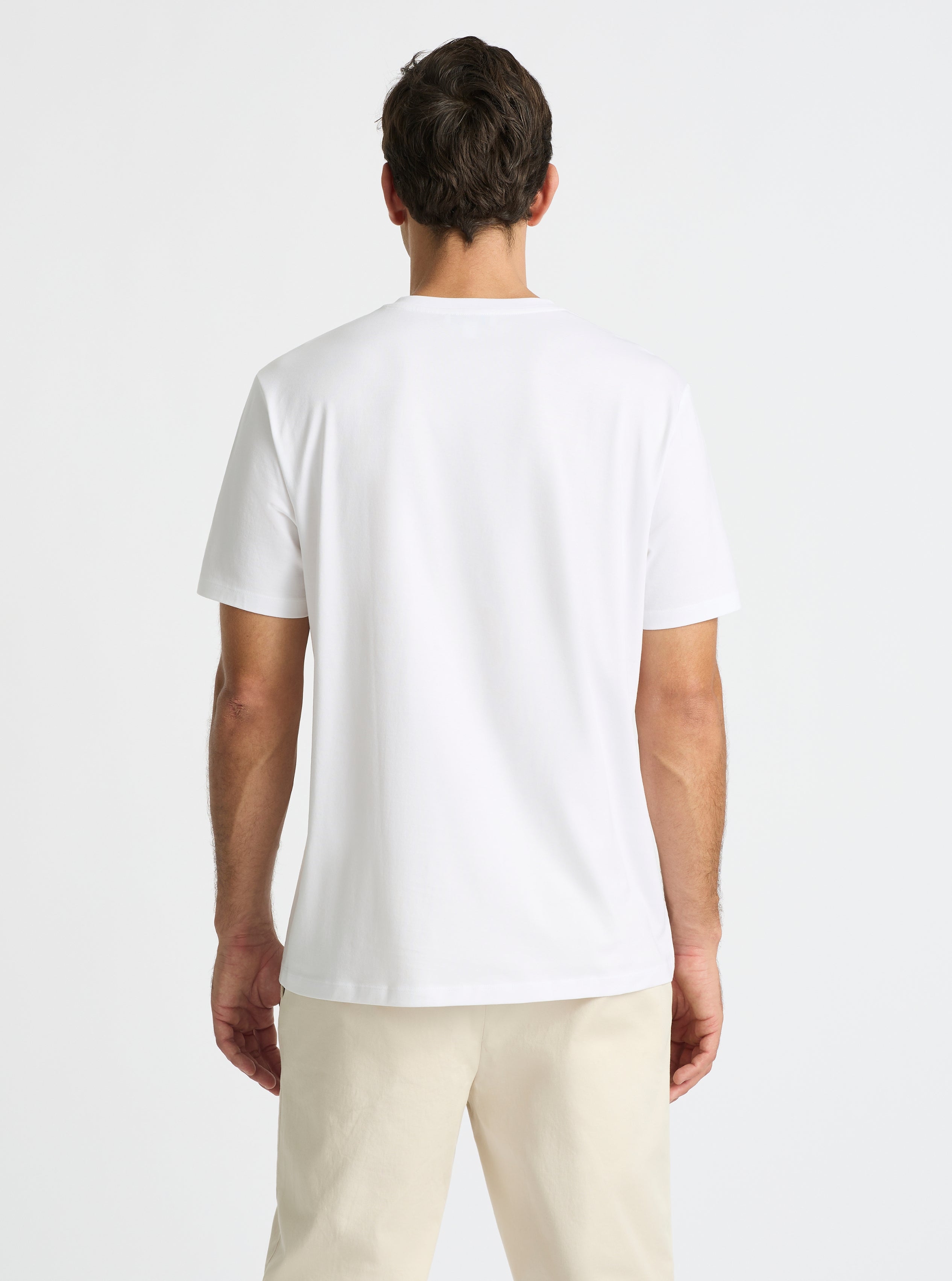 White|Supima® Mercerised V-neck Tee for men – premium soft cotton t-shirt|Jack is 6’2” and wearing a size L