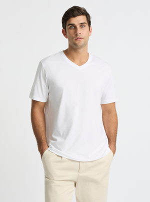 White|Supima® Mercerised V-neck Tee for men – premium soft cotton t-shirt|Jack is 6’2” and wearing a size L