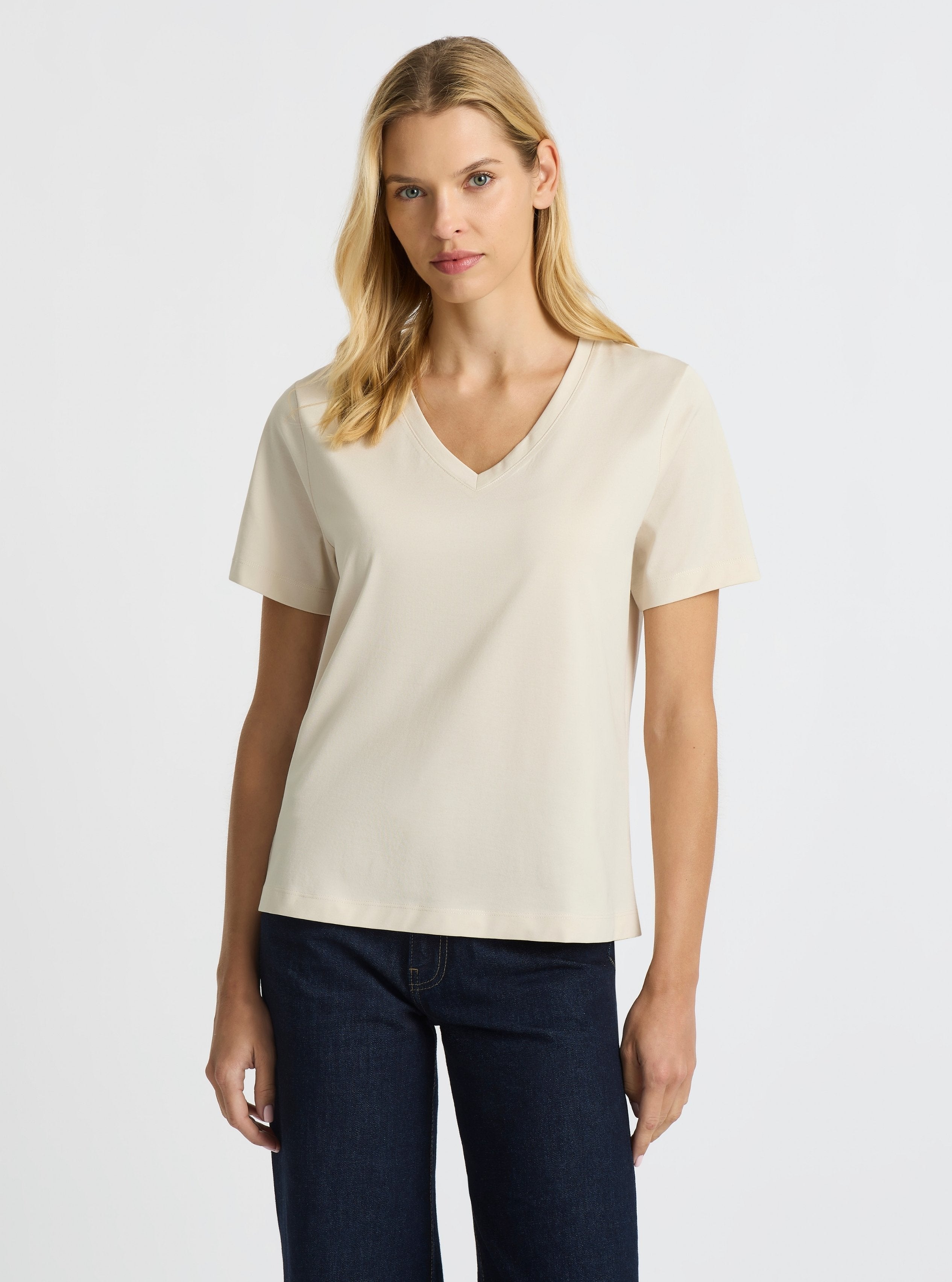 Beige|Supima® Mercerised V-neck Tee for women – premium soft cotton t-shirt|Karolina is 5'10" and wearing a size S