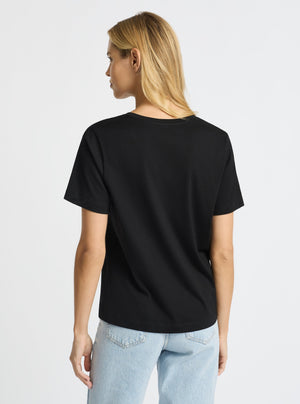 Black|Supima® Mercerised V-neck Tee for women – premium soft cotton t-shirt|Stas is 5'10" and wearing a size S