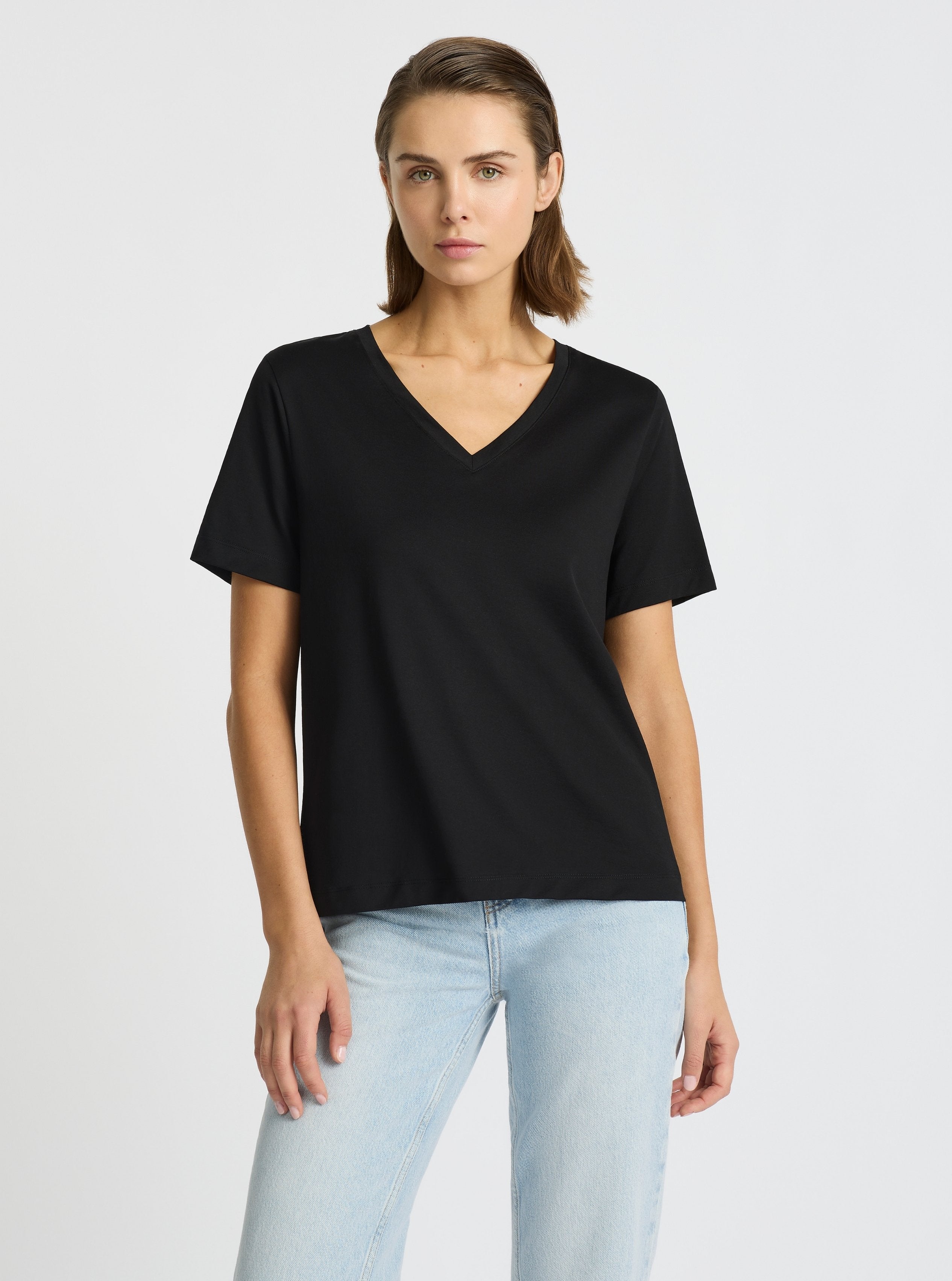 Black|Supima® Mercerised V-neck Tee for women – premium soft cotton t-shirt|Stas is 5'10" and wearing a size S