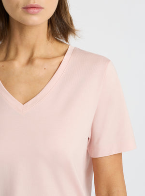 Blush|Supima® Mercerised V-neck Tee for women – premium soft cotton t-shirt|Stas is 5'10" and wearing a size S