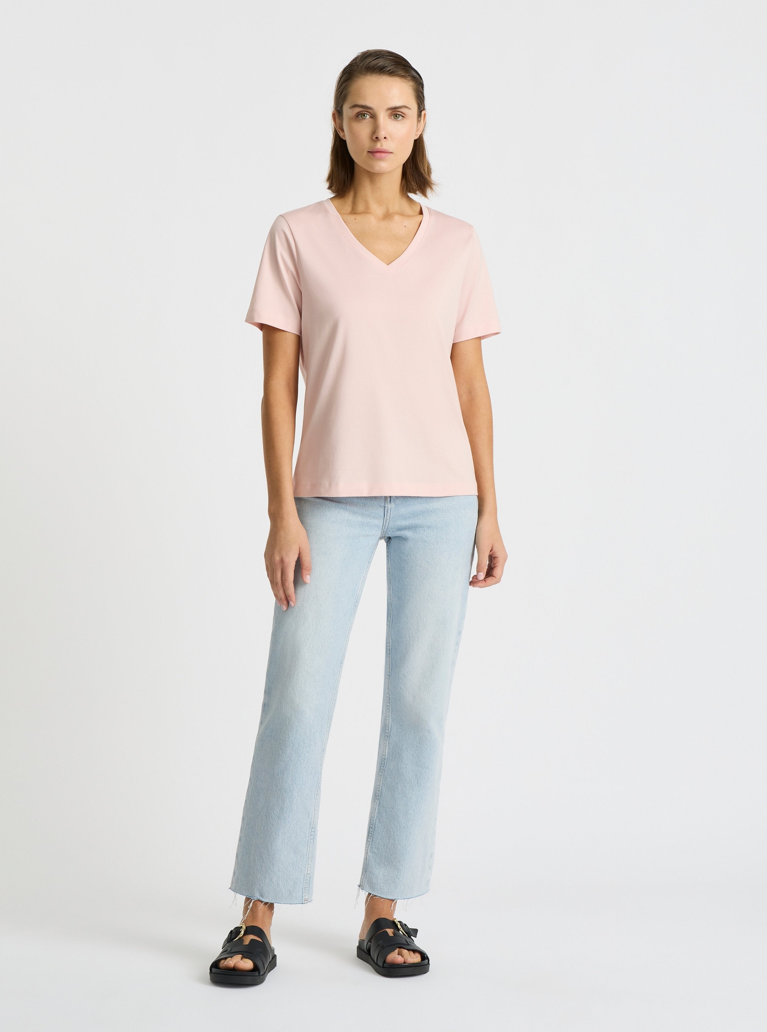 Blush|Supima® Mercerised V-neck Tee for women – premium soft cotton t-shirt|Stas is 5'10" and wearing a size S