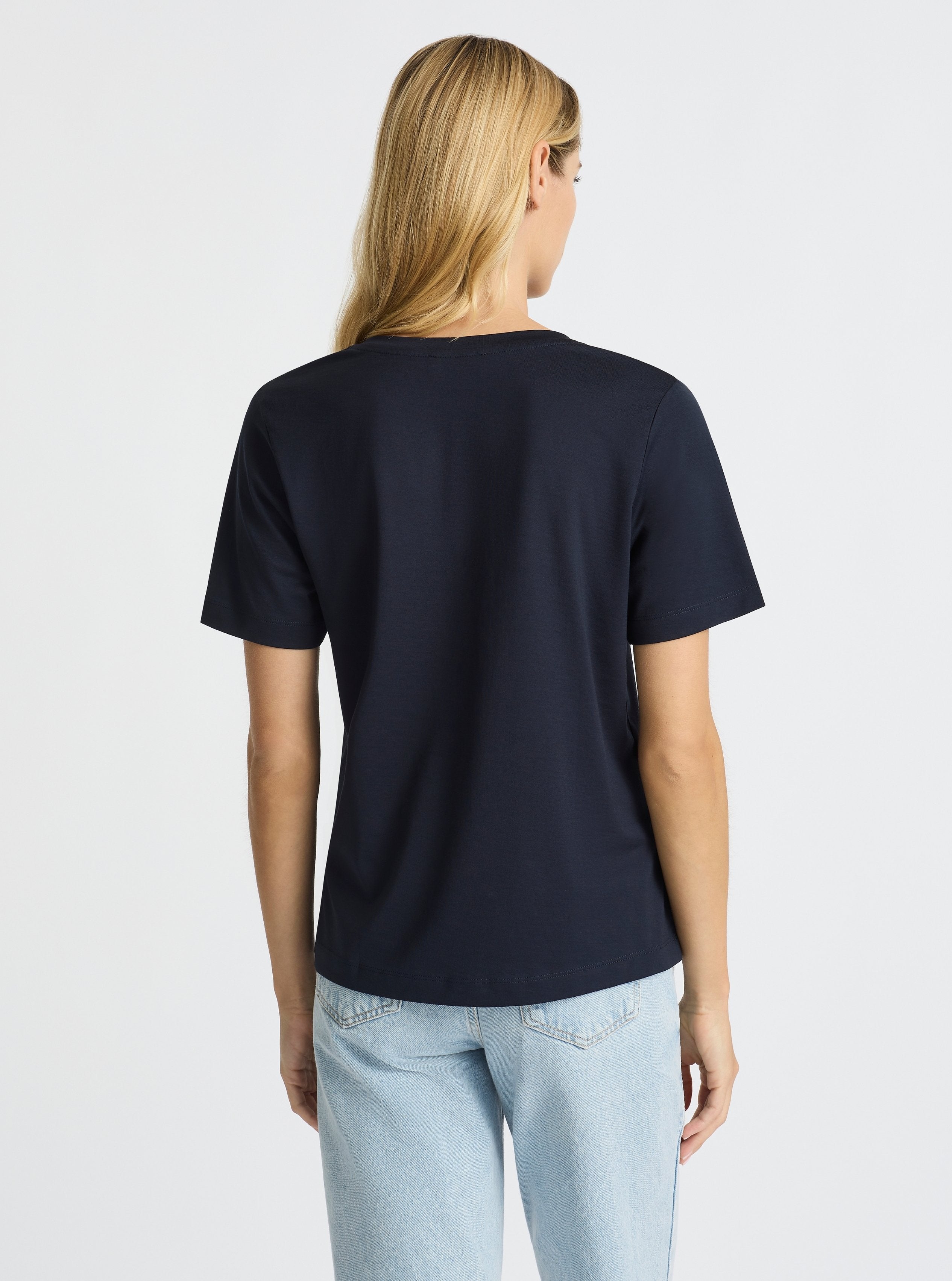 Dark Navy|Supima® Mercerised V-neck Tee for women – premium soft cotton t-shirt|Karolina is 5'10" and wearing a size S