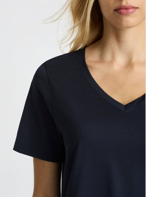 Dark Navy|Supima® Mercerised V-neck Tee for women – premium soft cotton t-shirt|Karolina is 5'10" and wearing a size S