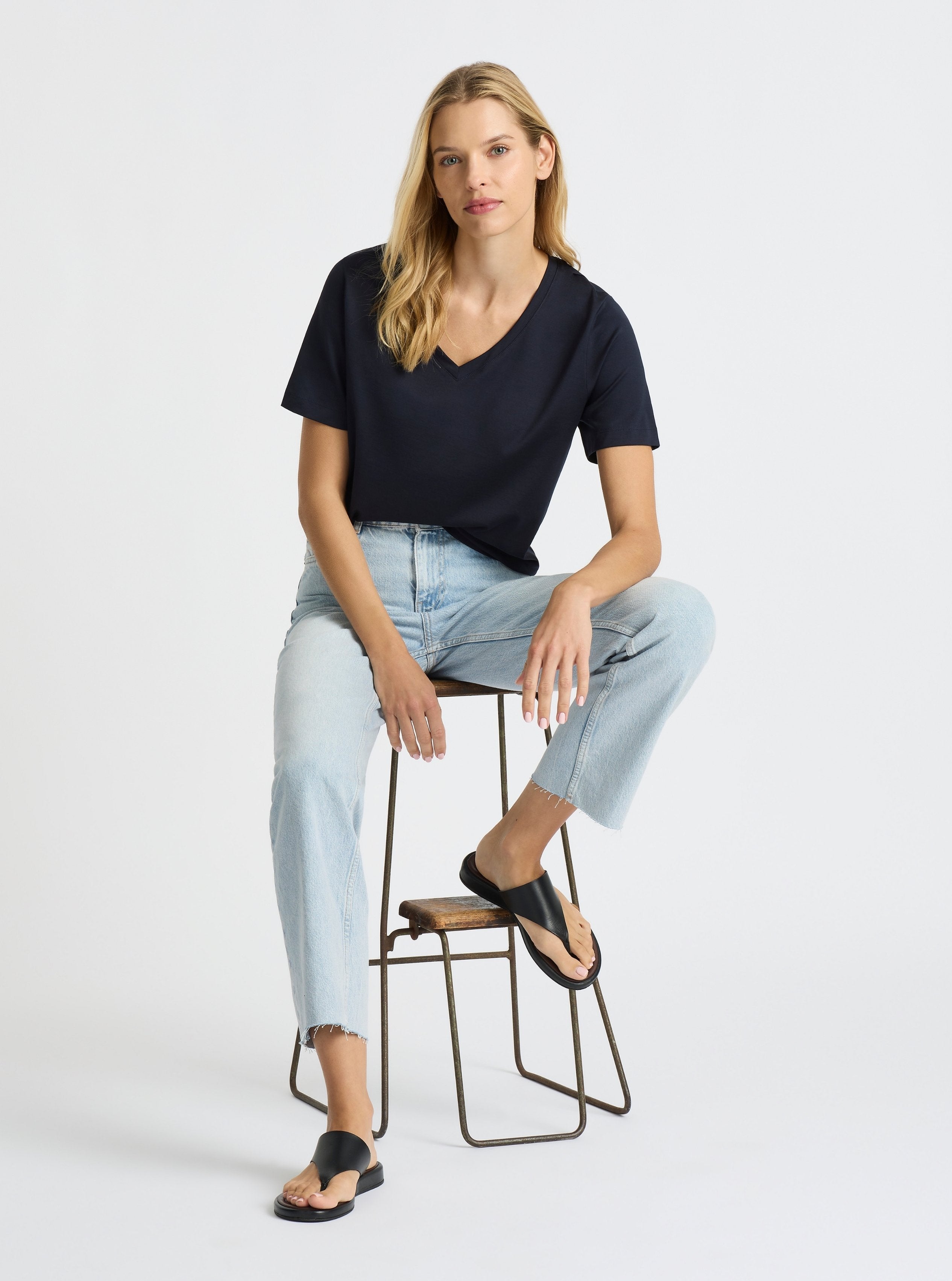 Dark Navy|Supima® Mercerised V-neck Tee for women – premium soft cotton t-shirt|Karolina is 5'10" and wearing a size S
