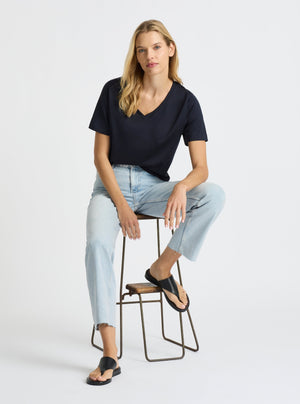Dark Navy|Supima® Mercerised V-neck Tee for women – premium soft cotton t-shirt|Karolina is 5'10" and wearing a size S