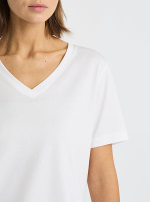 White|Supima® Mercerised V-neck Tee for women – premium soft cotton t-shirt|Stas is 5'10" and wearing a size S