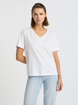 White|Supima® Mercerised V-neck Tee for women – premium soft cotton t-shirt|Stas is 5'10" and wearing a size S