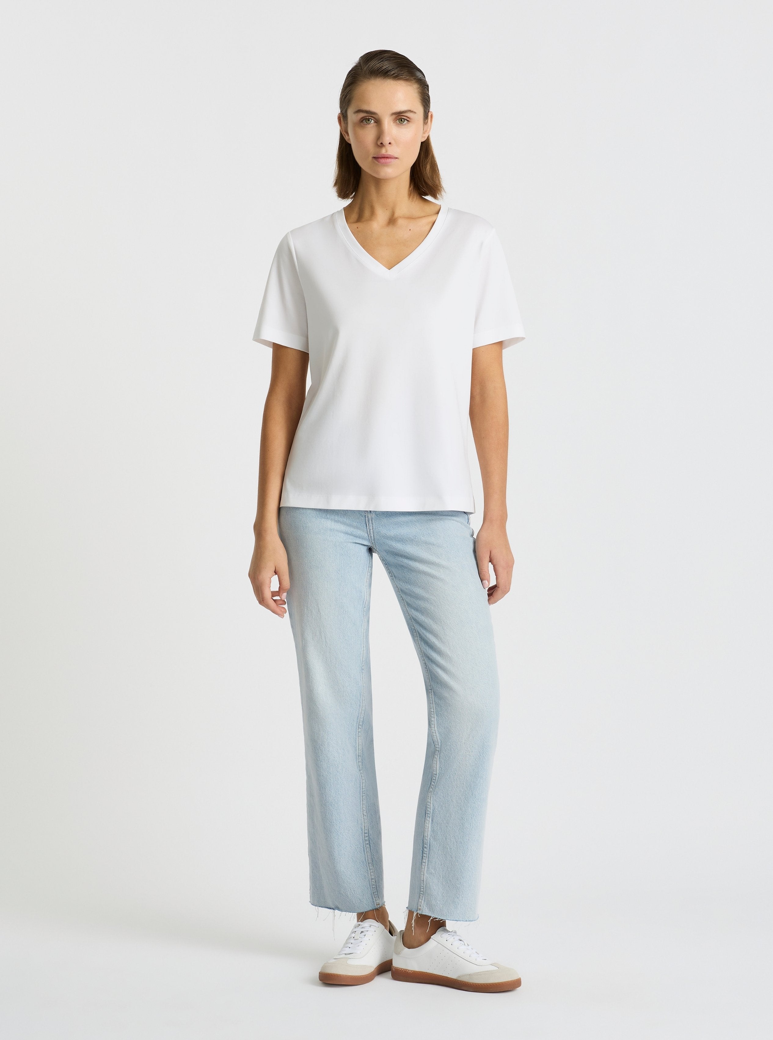 White|Supima® Mercerised V-neck Tee for women – premium soft cotton t-shirt|Stas is 5'10" and wearing a size S